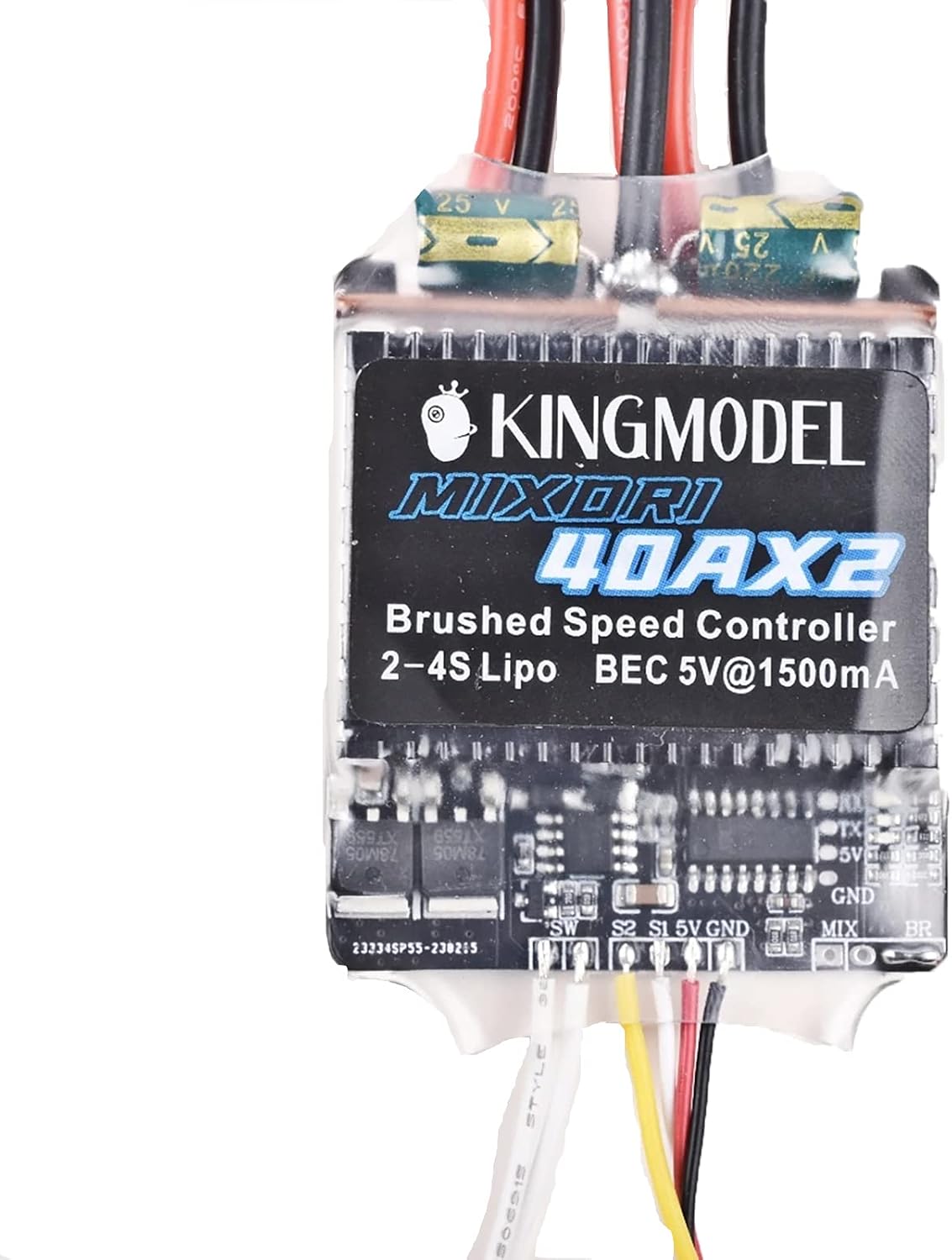KINGMODEL MIXDRI 40AX2 듀얼 ESC. 아래쪽에 SW, S2, S1, 5V, GND 단자와 MIX 표시가 있다